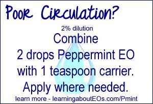 Poor Circulation (2% dilution) – Combine 2 drops Peppermint EO with 1 teaspoon carrier and apply where needed.