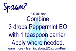 Spasm (3% dilution) – Combine 3 drops Peppermint EO with 1 teaspoon carrier* and apply where needed.